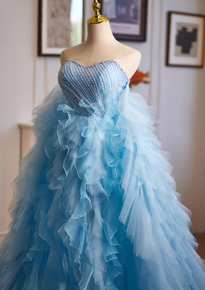 Graceful Strapless A-Line Ruffled Tulle Sweet 16th Dresses Sequins Beading High-Slit Prom Dress AP4952