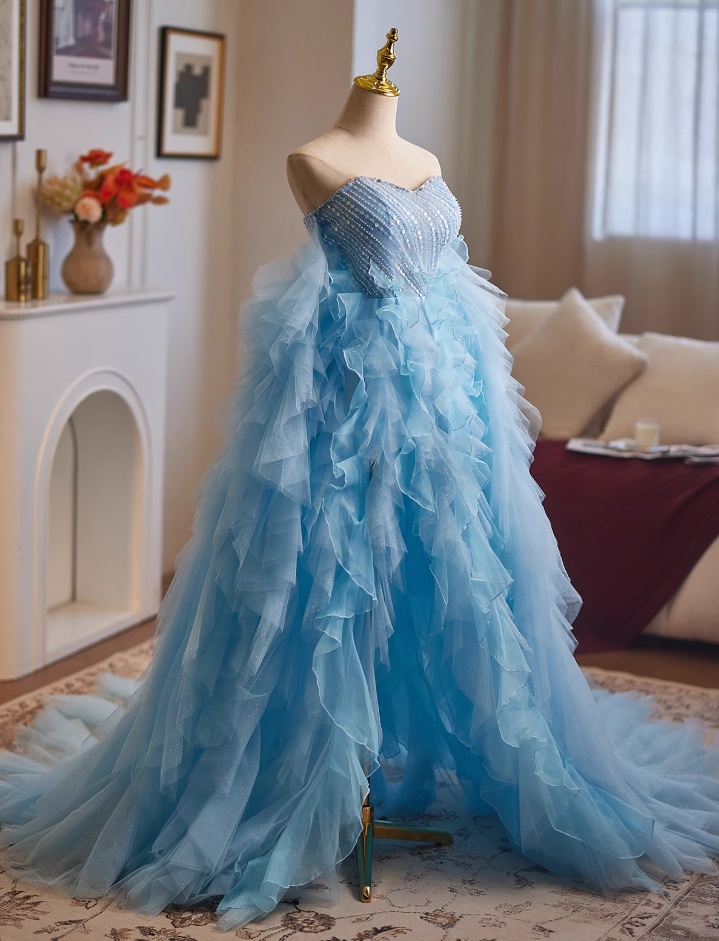 Graceful Strapless A-Line Ruffled Tulle Sweet 16th Dresses Sequins Beading High-Slit Prom Dress AP4952