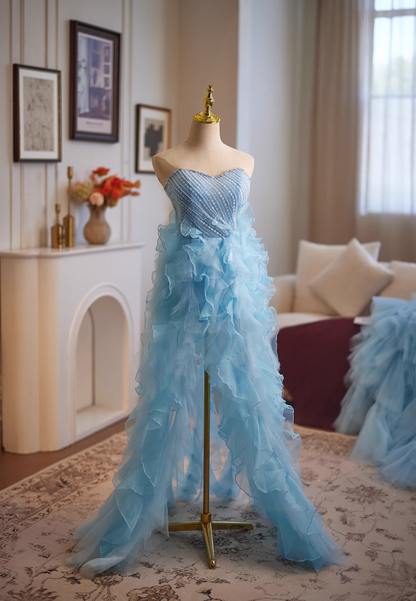 Graceful Strapless A-Line Ruffled Tulle Sweet 16th Dresses Sequins Beading High-Slit Prom Dress AP4952
