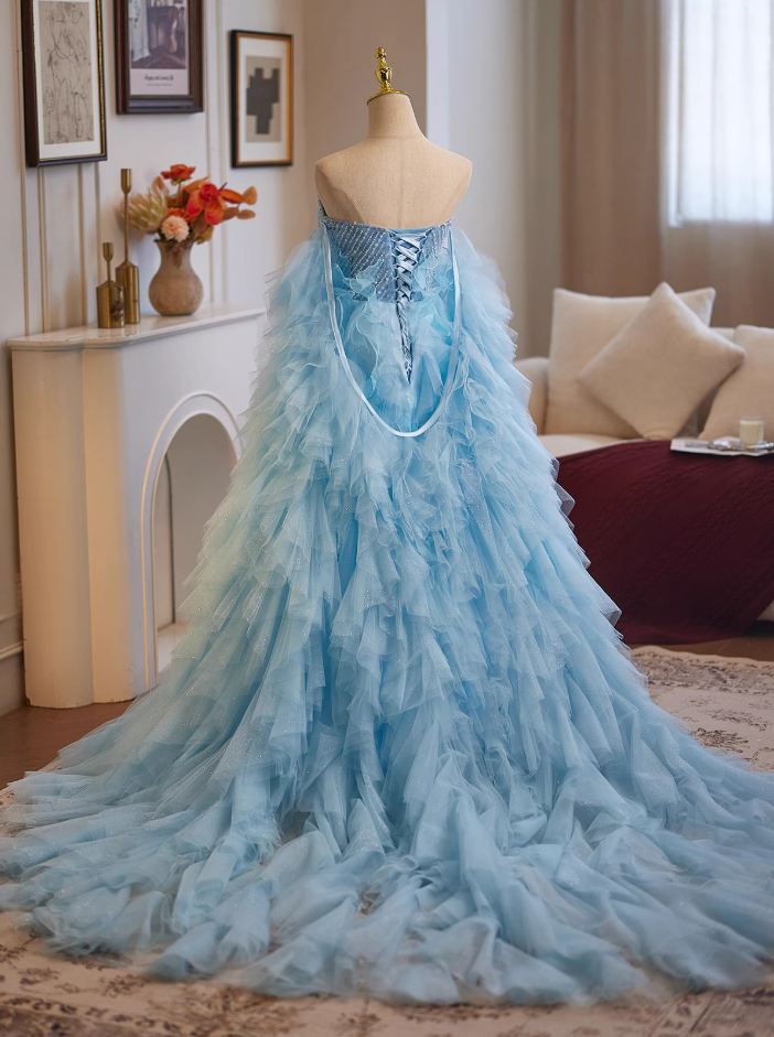 Graceful Strapless A-Line Ruffled Tulle Sweet 16th Dresses Sequins Beading High-Slit Prom Dress AP4952