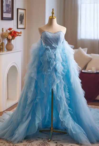 Graceful Strapless A-Line Ruffled Tulle Sweet 16th Dresses Sequins Beading High-Slit Prom Dress AP4952