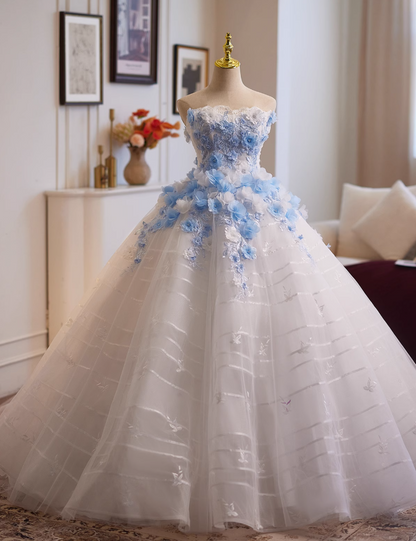 Elegant Strapless A-Line Layered Tulle Sweet 16th Dresses Appliques Beading Lace Prom Dress AP4953