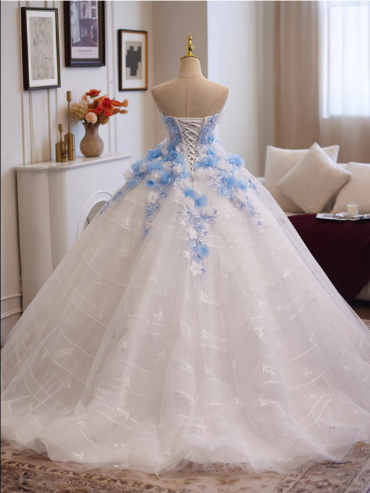 Elegant Strapless A-Line Layered Tulle Sweet 16th Dresses Appliques Beading Lace Prom Dress AP4953