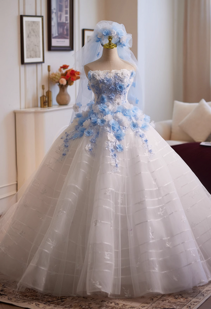 Elegant Strapless A-Line Layered Tulle Sweet 16th Dresses Appliques Beading Lace Prom Dress AP4953