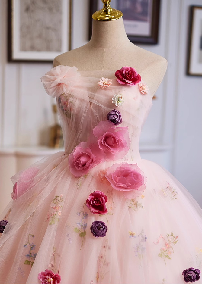 Classical Strapless A-Line Floral Sweet 16th Dresses Handmade Flowers Tulle Prom Dress AP4954