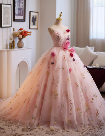 Classical Strapless A-Line Floral Sweet 16th Dresses Handmade Flowers Tulle Prom Dress AP4954