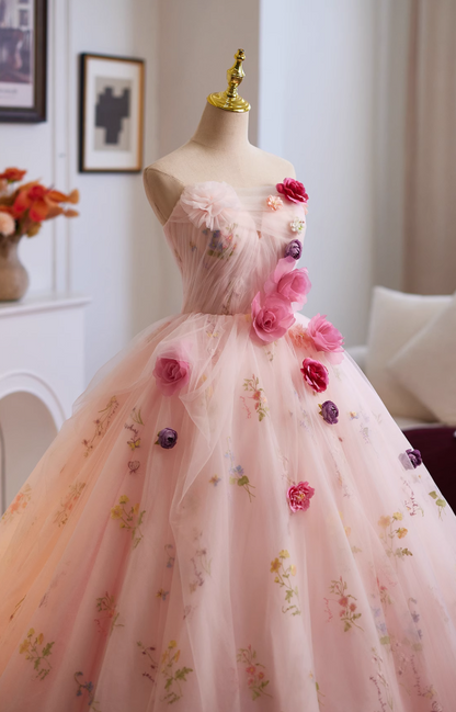 Classical Strapless A-Line Floral Sweet 16th Dresses Handmade Flowers Tulle Prom Dress AP4954