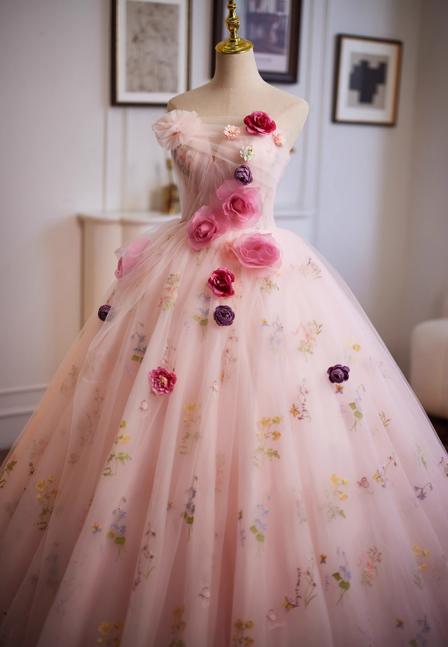 Classical Strapless A-Line Floral Sweet 16th Dresses Handmade Flowers Tulle Prom Dress AP4954