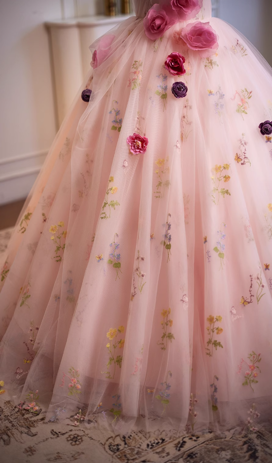 Classical Strapless A-Line Floral Sweet 16th Dresses Handmade Flowers Tulle Prom Dress AP4954