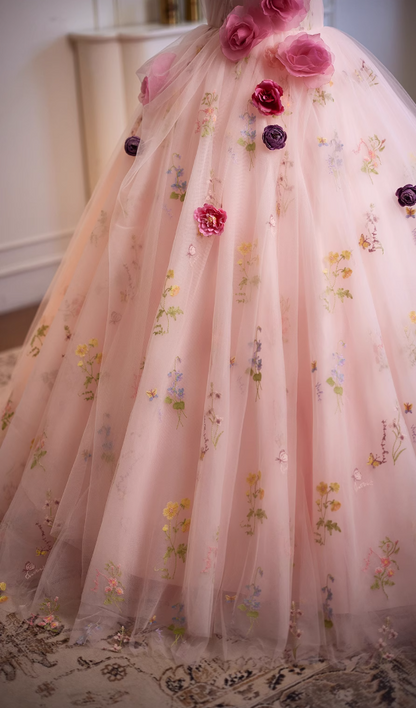 Classical Strapless A-Line Floral Sweet 16th Dresses Handmade Flowers Tulle Prom Dress AP4954