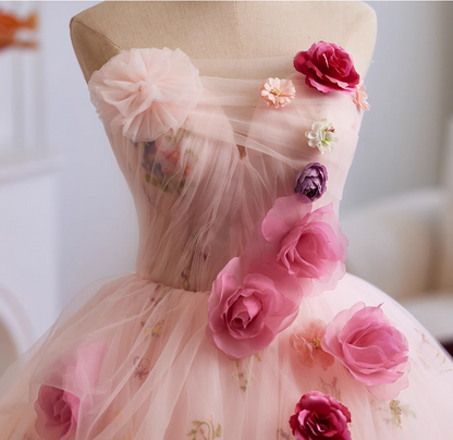 Classical Strapless A-Line Floral Sweet 16th Dresses Handmade Flowers Tulle Prom Dress AP4954