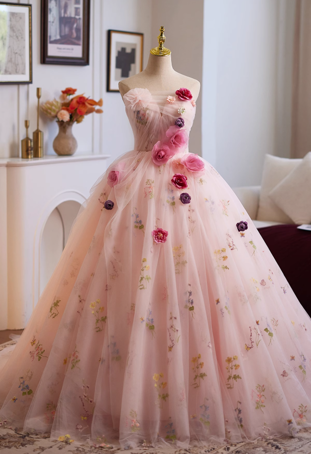 Classical Strapless A-Line Floral Sweet 16th Dresses Handmade Flowers Tulle Prom Dress AP4954