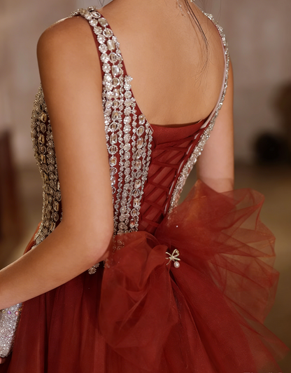 Fantastic A-Line Spaghetti Strap Tulle Sweet 16th Evening Dresses Beading Bow Prom Dress AP4955