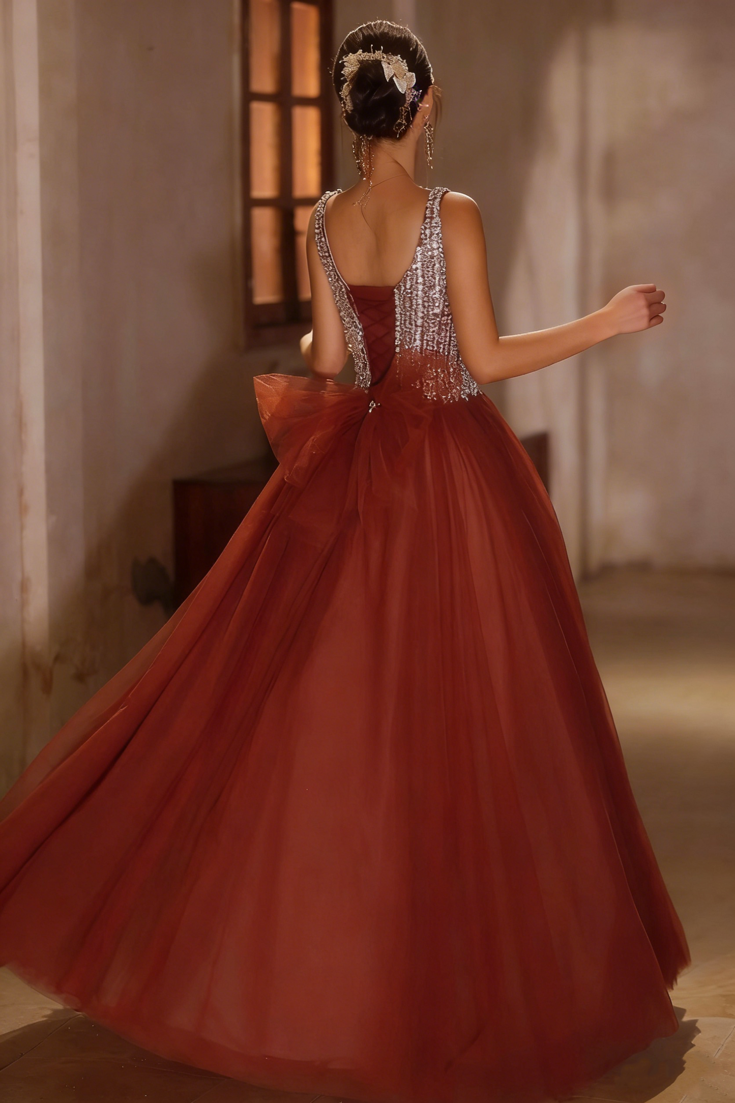 Fantastic A-Line Spaghetti Strap Tulle Sweet 16th Evening Dresses Beading Bow Prom Dress AP4955