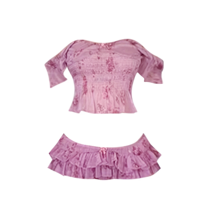 Sweet Bodycon 2-Piece Set Ruffle Crop Top Ruffle Mini Skirt Fairy Purple Floral Off-Shoulder Short Dress AP4956
