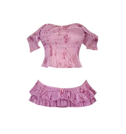 Sweet Bodycon 2-Piece Set Ruffle Crop Top Ruffle Mini Skirt Fairy Purple Floral Off-Shoulder Short Dress AP4956