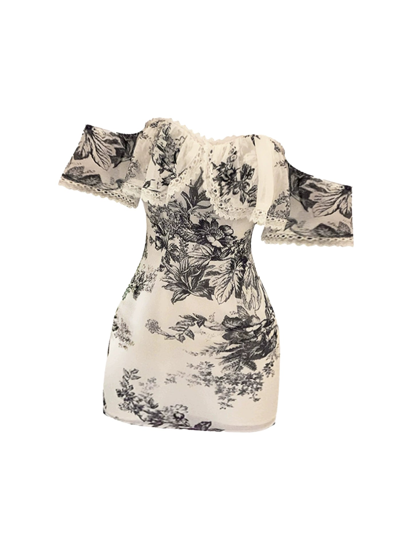 Cute Lace Trim Ruffled Neckline Bodycon Mini Skirt White & Black Floral Print Off-Shoulder Short Dress AP4957