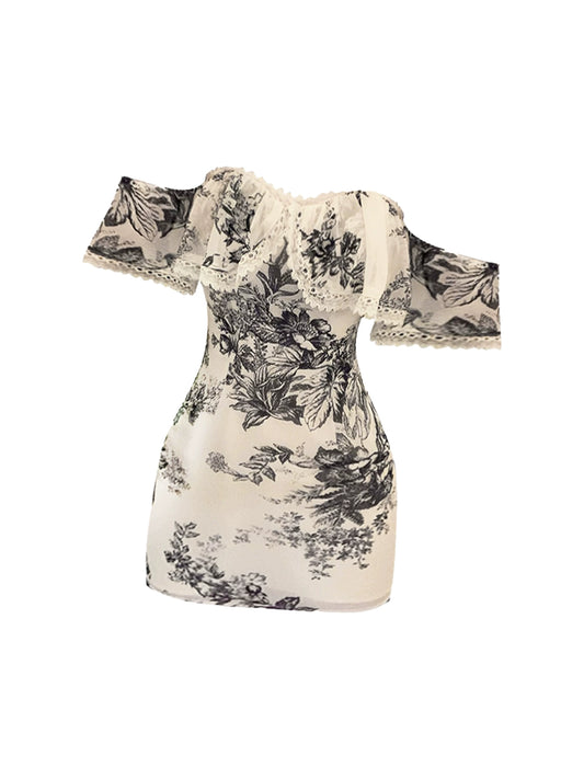Cute Lace Trim Ruffled Neckline Bodycon Mini Skirt White & Black Floral Print Off-Shoulder Short Dress AP4957