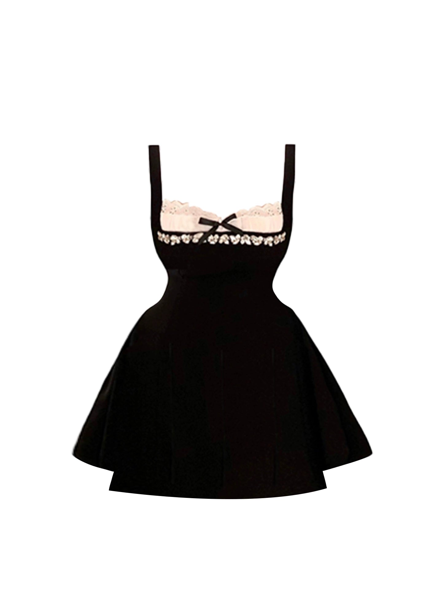 Artistic Cream Lace Trim Bow Bustier Spaghetti Strap Mini Skirt Black Flared A-Line Short Dress AP4959