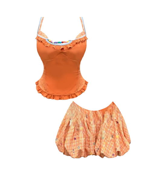 Dreamy Bright Orange Spaghetti Strap Colorful Beaded Mini Skirt A-Line Fitted Crop Top Ruffle Trim Short Dress AP4960