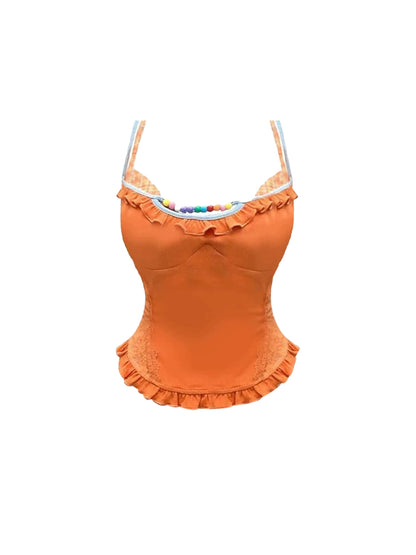 Dreamy Bright Orange Spaghetti Strap Colorful Beaded Mini Skirt A-Line Fitted Crop Top Ruffle Trim Short Dress AP4960