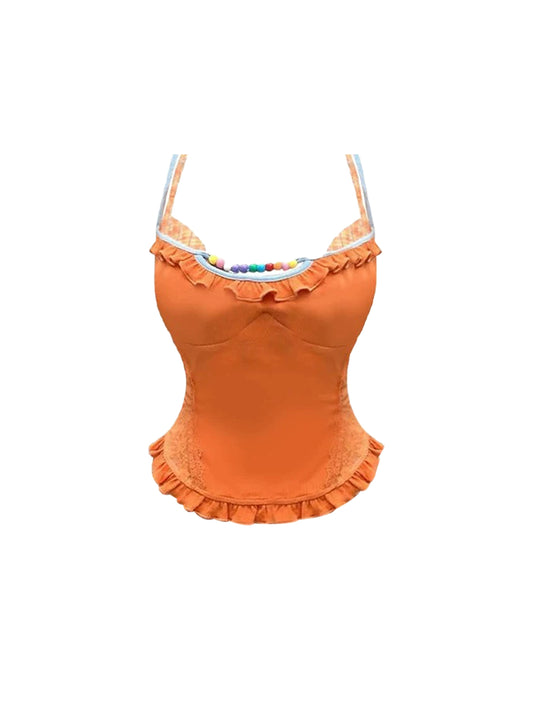 Dreamy Bright Orange Spaghetti Strap Colorful Beaded Mini Skirt A-Line Fitted Crop Top Ruffle Trim Short Dress AP4960