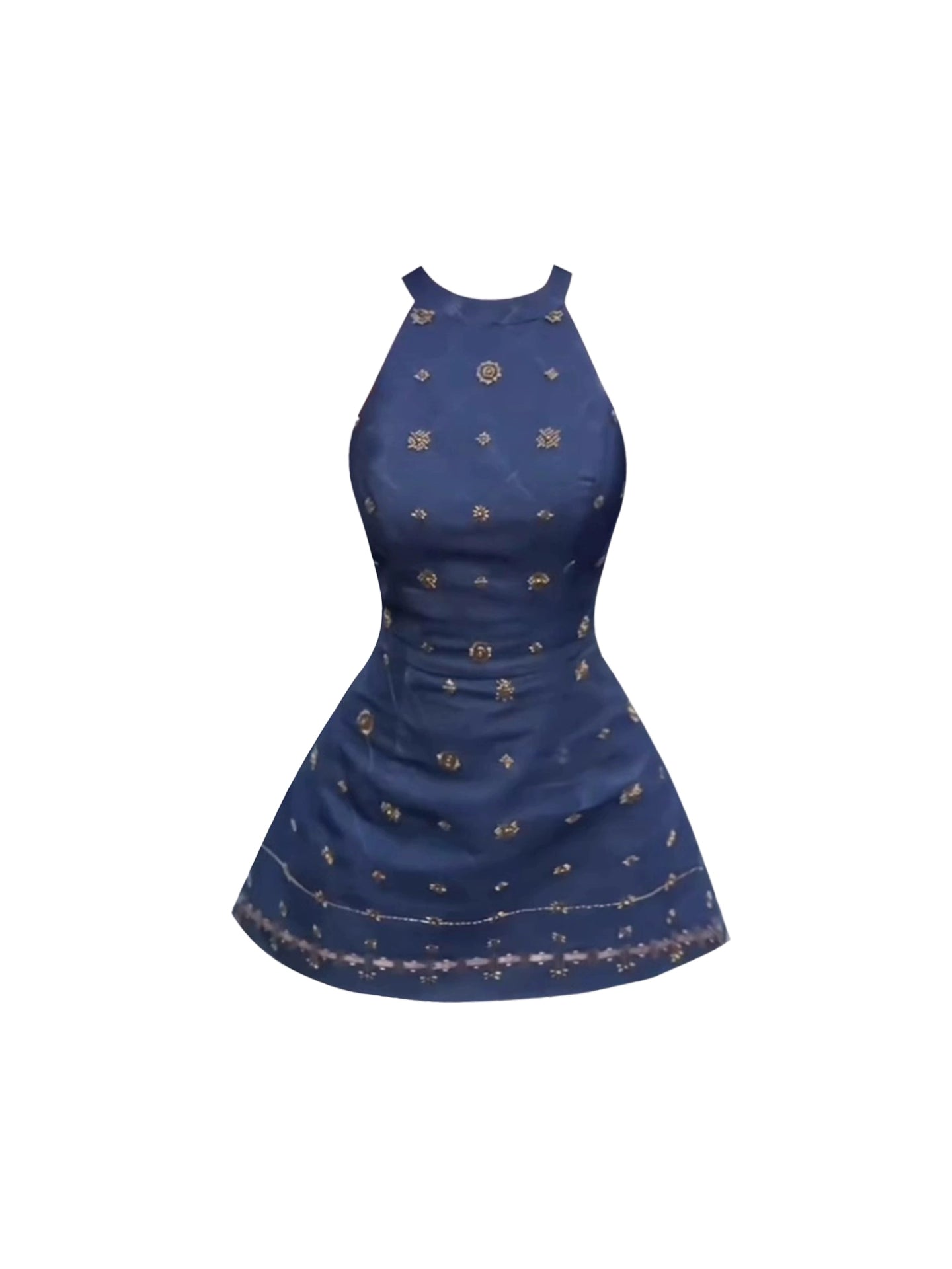 Sheen Royal Blue Baroque Gold Halter Neck Mini Skirt Sleeveless A-Line Flared Hem Short Dress AP4961