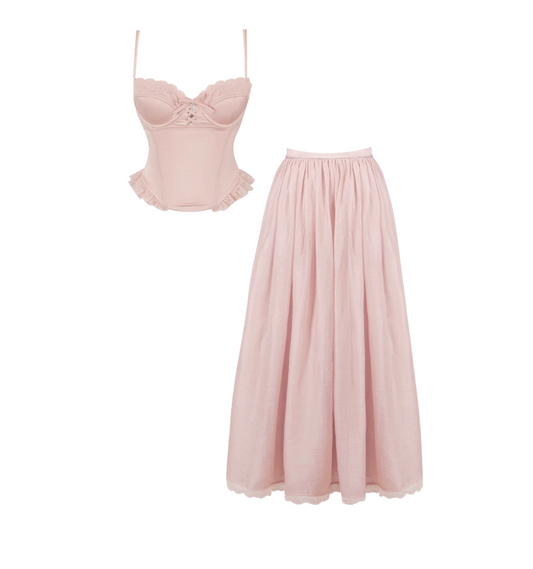 Alluring Light Pink Spaghetti Strap 2-Piece Ruffles Maxi Dress A-Line Lace Trim Front Tie Long Dress AP4962