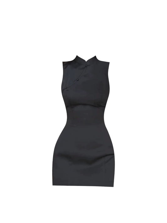 Gorgeous Mock Neck Black Mini Dress Cheongsam Bodycon Casual Outings Short Dress AP4963