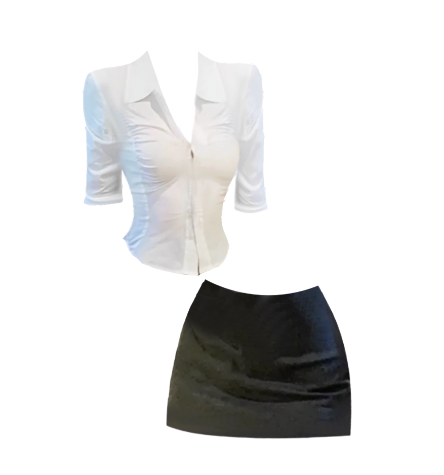 Glam V Neck White & Black 2-Piece Set Mini Skirt Long Sleeve Buttoned Shirt Sheath Short Dress AP4964