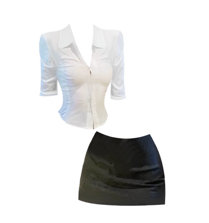 Glam V Neck White & Black 2-Piece Set Mini Skirt Long Sleeve Buttoned Shirt Sheath Short Dress AP4964