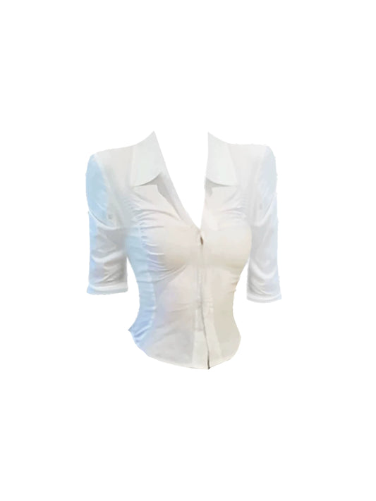 Glam V Neck White & Black 2-Piece Set Mini Skirt Long Sleeve Buttoned Shirt Sheath Short Dress AP4964