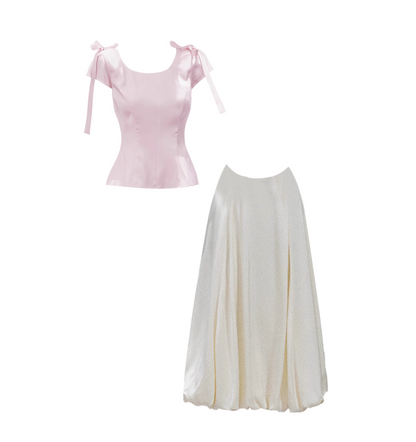 Glamorous A-Line Short Sleeve 2-Piece Maxi Skirt Blush Tie-Shoulder Square Neck Camisole Top Ivory Flowy Long Dress AP4965