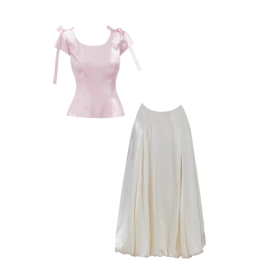 Glamorous A-Line Short Sleeve 2-Piece Maxi Skirt Blush Tie-Shoulder Square Neck Camisole Top Ivory Flowy Long Dress AP4965
