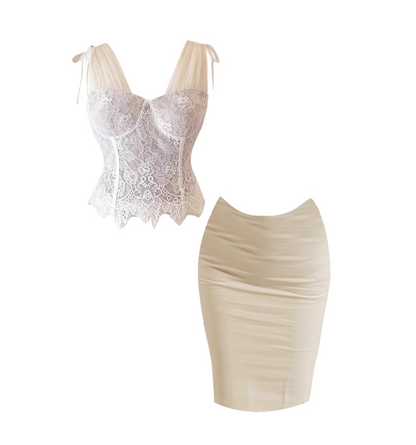 Dramatic 2-Piece Set White Lace V Neck Midi Dress Corset Top Scalloped Hem Beige Ruched Sheath Long Dress AP4966