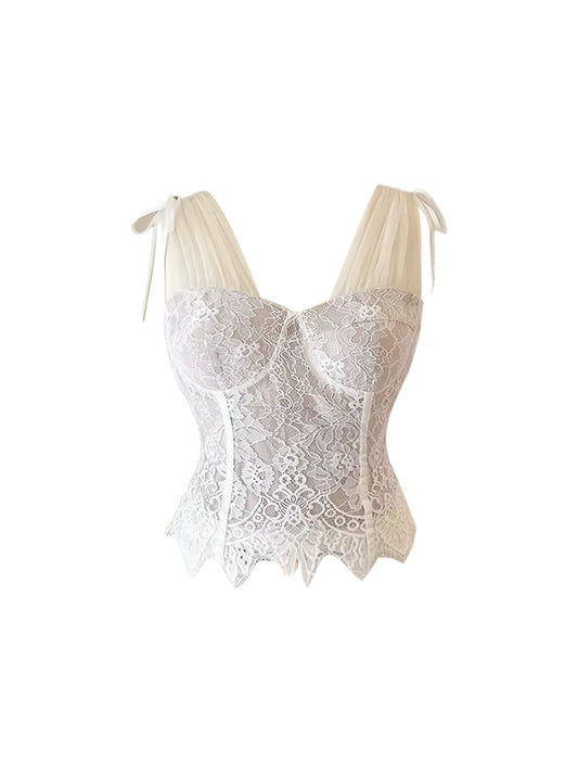 Dramatic 2-Piece Set White Lace V Neck Midi Dress Corset Top Scalloped Hem Beige Ruched Sheath Long Dress AP4966