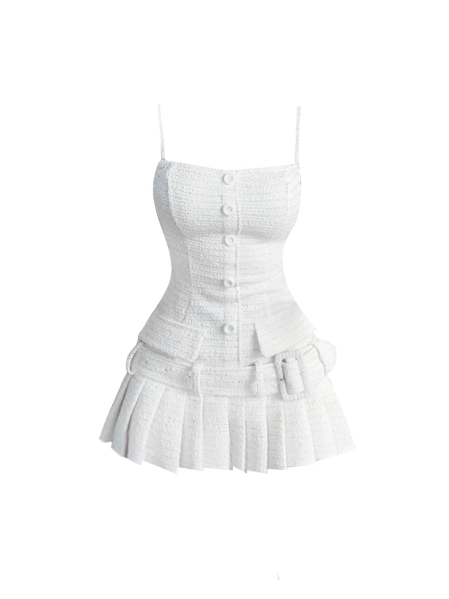 Stunning White Tweed Spaghetti Strap Mini Skirt Button-Front Waist Belt Cinched Waist A-Line Short Dress AP4967