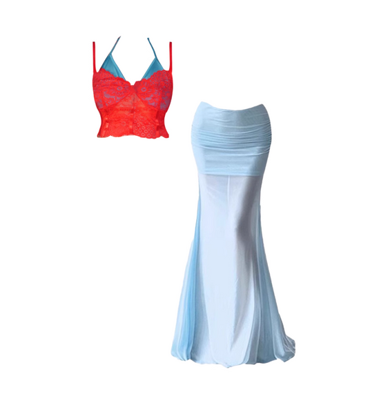 Vibrant Red Lace Spaghetti Strap V-Neck Crop Top Ruched Waist Maxi Skirt Romantic 2-Piece Outfit Light Blue Sheer Mesh Mermaid Long Dress AP4970