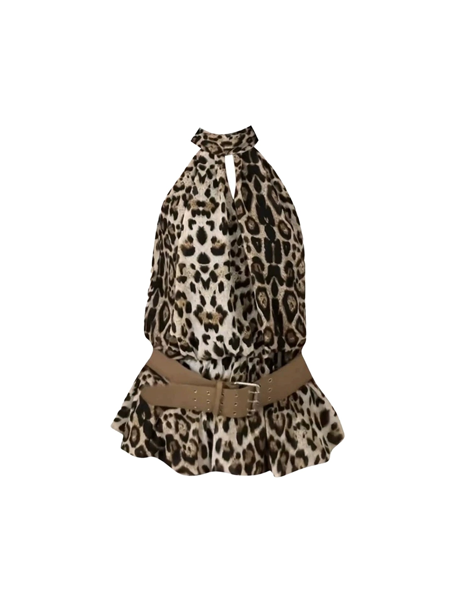 Fashionable Brown Waist Belt Halter Neck Mini Skirt Stylish Leopard Print Ruffled Hem A-Line Short Dress AP4971