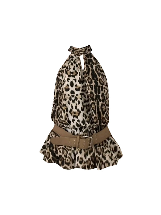 Fashionable Brown Waist Belt Halter Neck Mini Skirt Stylish Leopard Print Ruffled Hem A-Line Short Dress AP4971