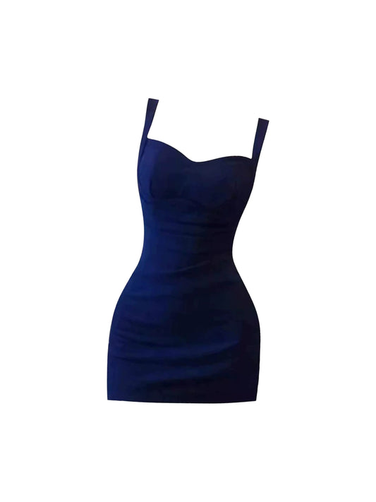 French Style Bodycon Date Nights Ruched Mini Skirt Stylish Deep Navy Blue Spaghetti Strap Short Dress AP4972