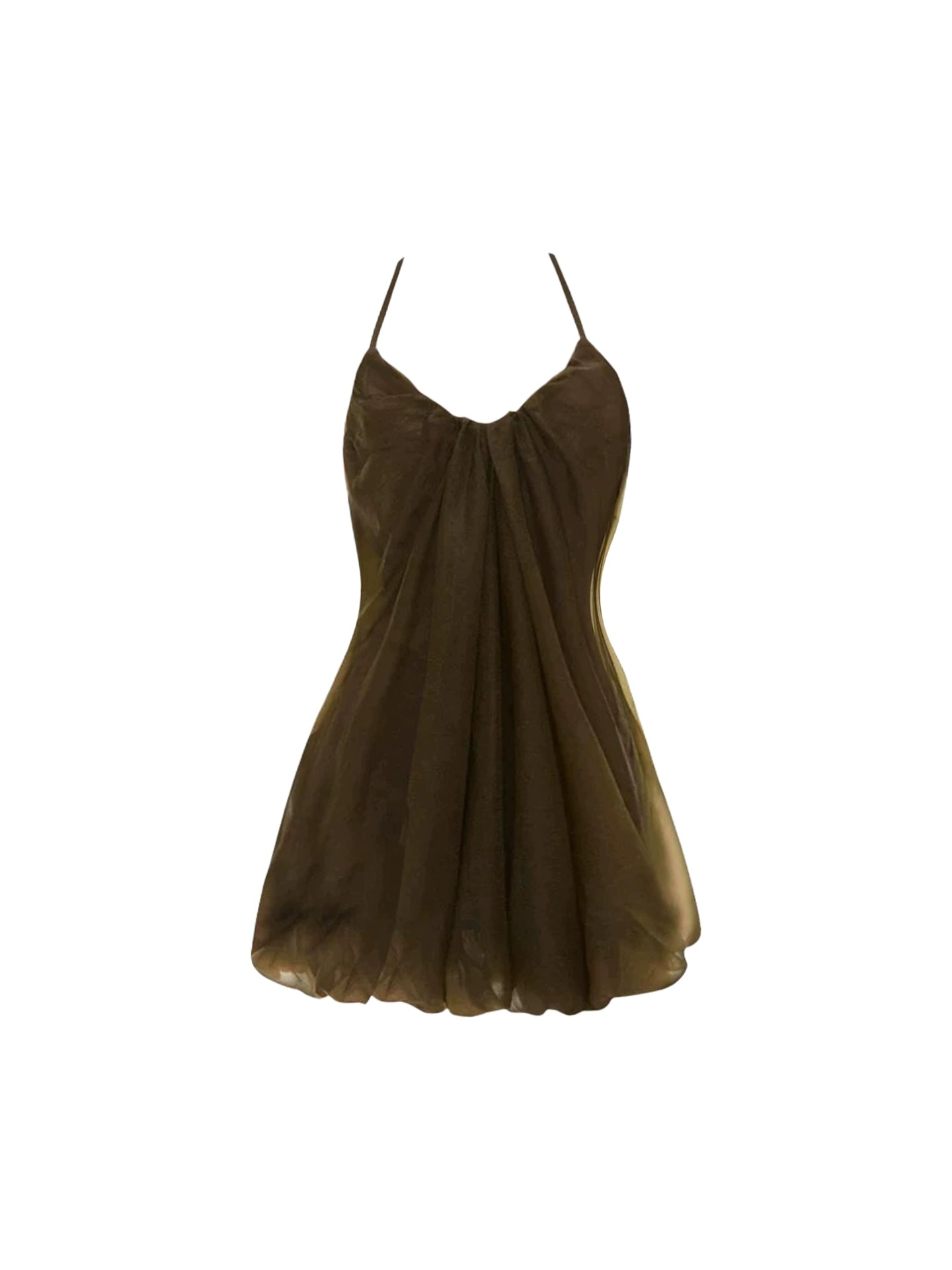 Charming Spaghetti Strap Chest Ruched Detail Mini Skirt Chic Deep Brown A-Line Lightweight Tulle Short Dress AP4973