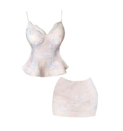 Ethereal Lace-Trim Peplum Top Bodycon Date Nights Mini Skirt 2-Piece Set Light Pink & Blue 3D Floral Spaghetti Strap Short Dress AP4974