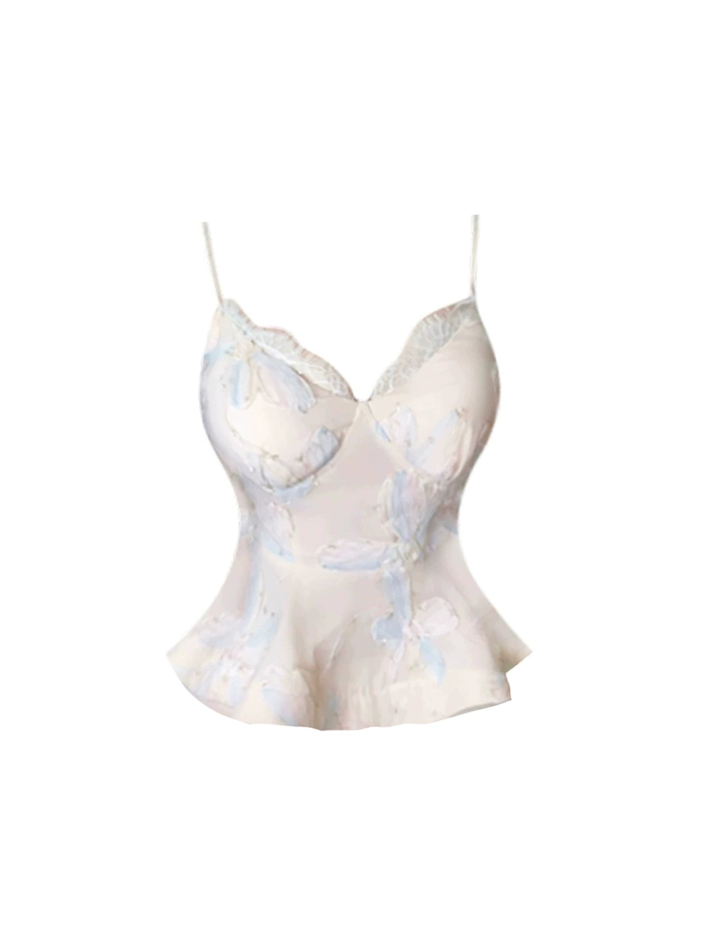 Ethereal Lace-Trim Peplum Top Bodycon Date Nights Mini Skirt 2-Piece Set Light Pink & Blue 3D Floral Spaghetti Strap Short Dress AP4974