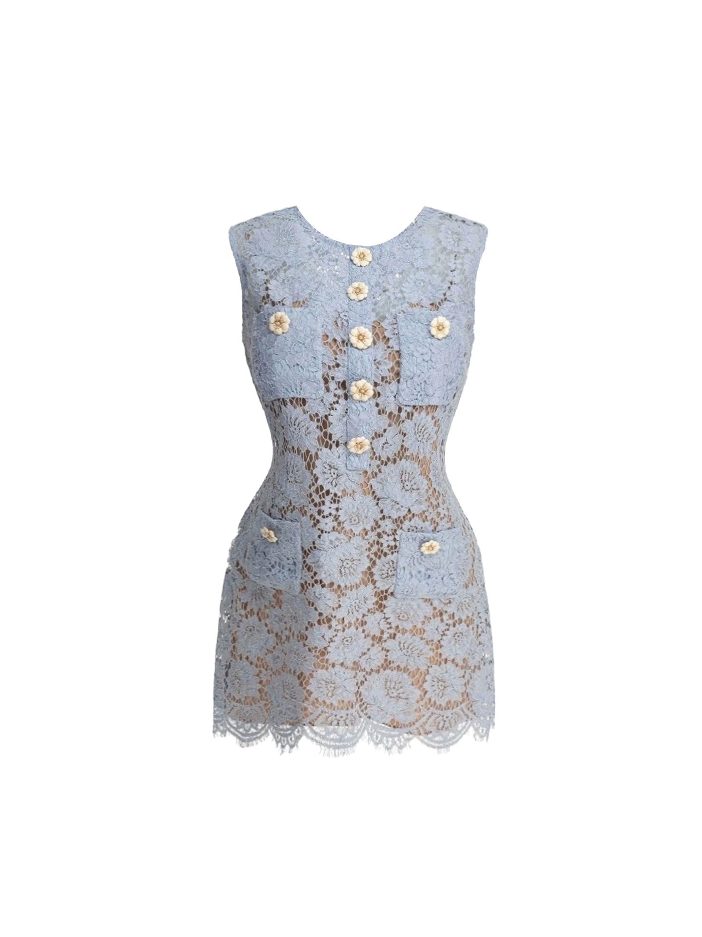 Minimalism Floral Button Front Sheath Casual Outings Mini Skirt Chic Light Blue Sleeveless Lace Jewel Neck Short Dress AP4975