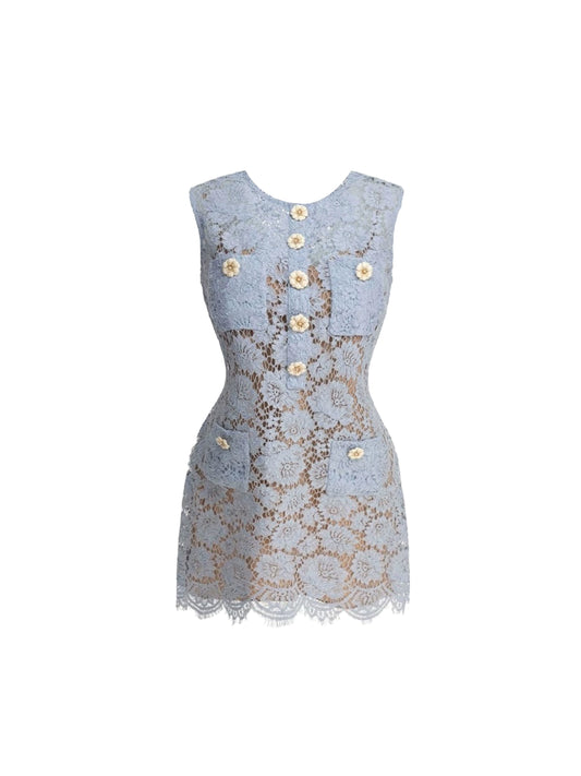 Minimalism Floral Button Front Sheath Casual Outings Mini Skirt Chic Light Blue Sleeveless Lace Jewel Neck Short Dress AP4975