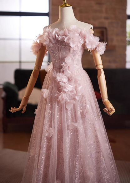 Sheen A-Line Off-Shoulder Pink Tulle Sweet 16th Gowns 3D Appliques Sequins Prom Dress AP4976