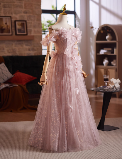 Sheen A-Line Off-Shoulder Pink Tulle Sweet 16th Gowns 3D Appliques Sequins Prom Dress AP4976