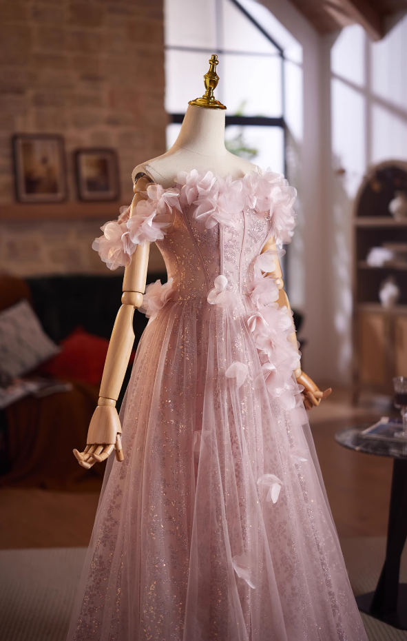 Sheen A-Line Off-Shoulder Pink Tulle Sweet 16th Gowns 3D Appliques Sequins Prom Dress AP4976