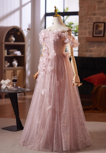Sheen A-Line Off-Shoulder Pink Tulle Sweet 16th Gowns 3D Appliques Sequins Prom Dress AP4976